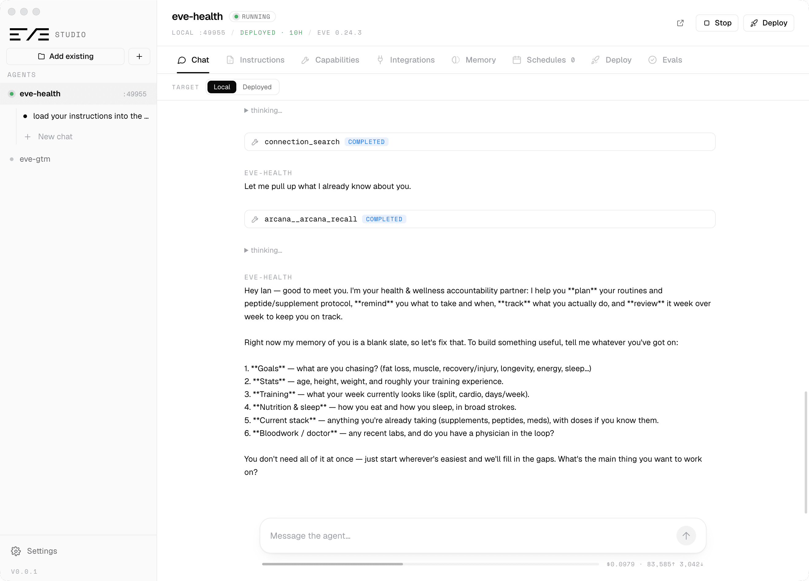 Eve Studio — chatting with an agent